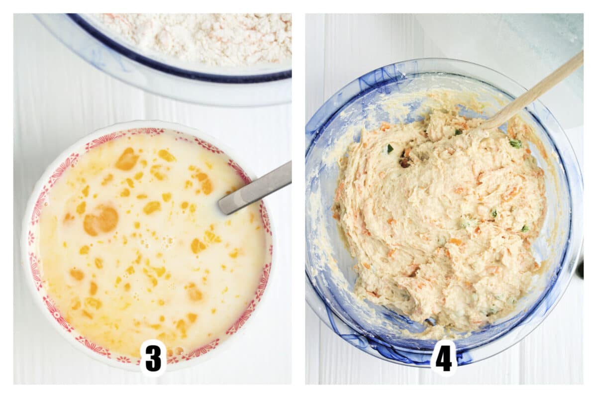 Image 3 - Eggs and milk combined together in a bowl. Image 4 - Wet ingredients mixed into dry ingredients.