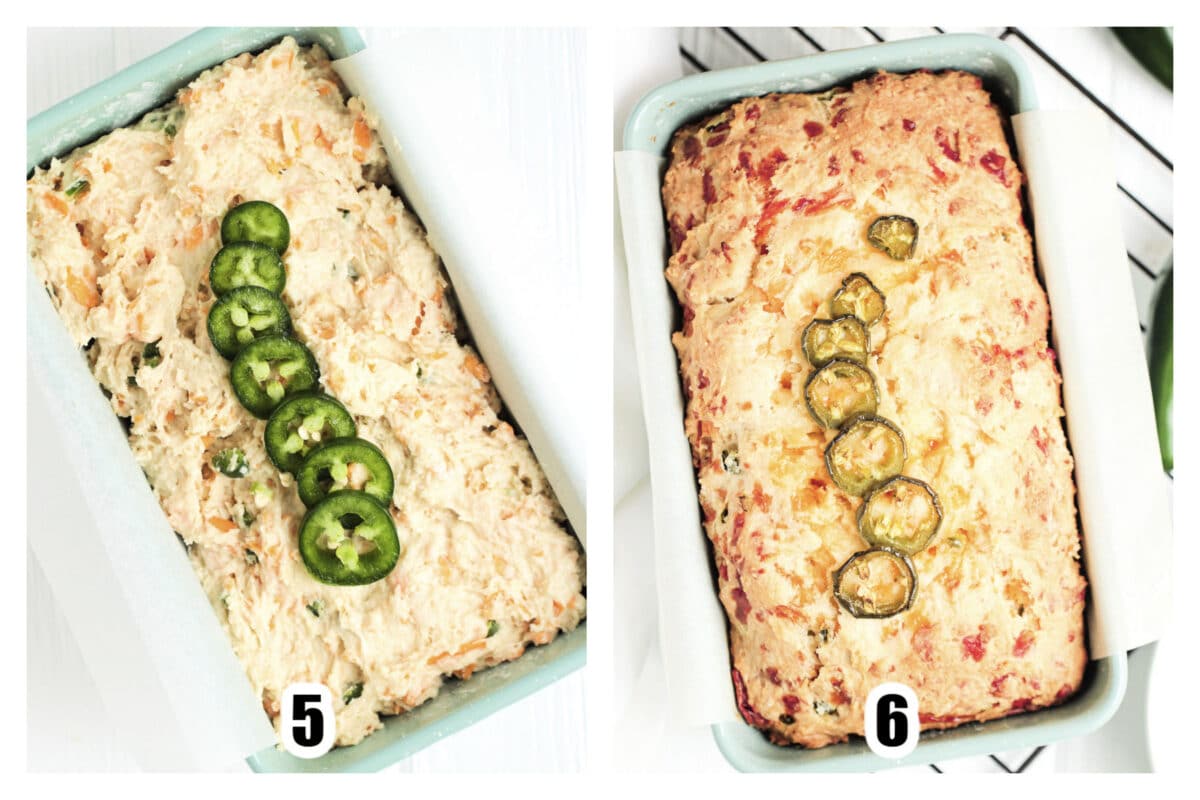 Image 5 & 6 - Batter poured into parchment paper lined loaf pan and baked.