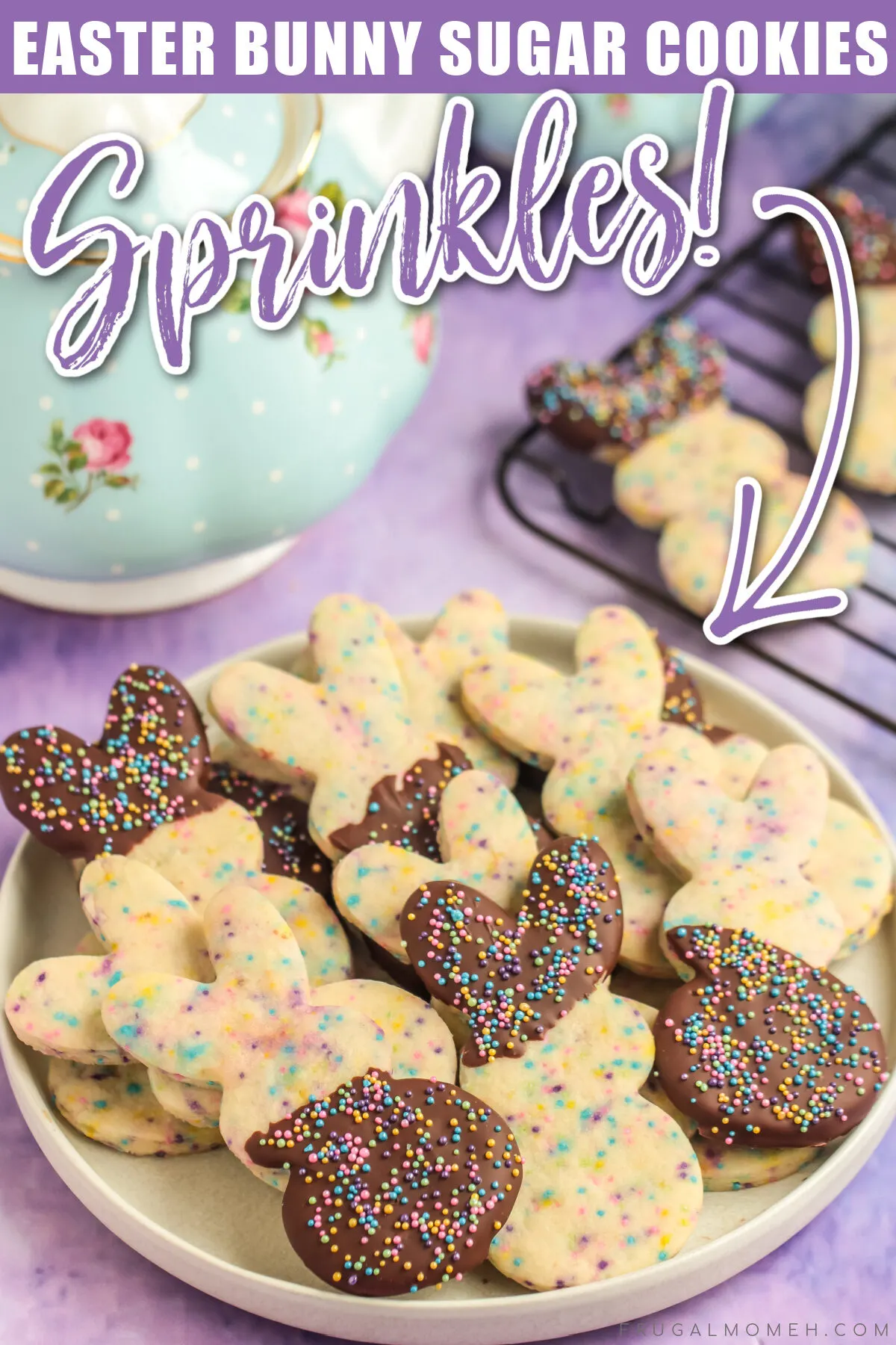 Delicious chocolate dipped Easter bunny sugar cookies complete with sprinkles that are the perfect addition to your Easter dessert table.