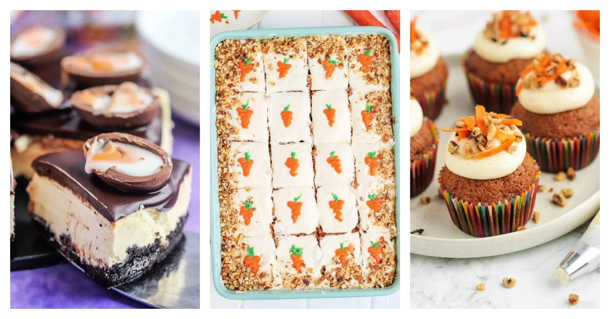 Featured easter desserts including Instant Pot creme egg cheesecake, carrot sheet cake, and carrot cupcakes.
