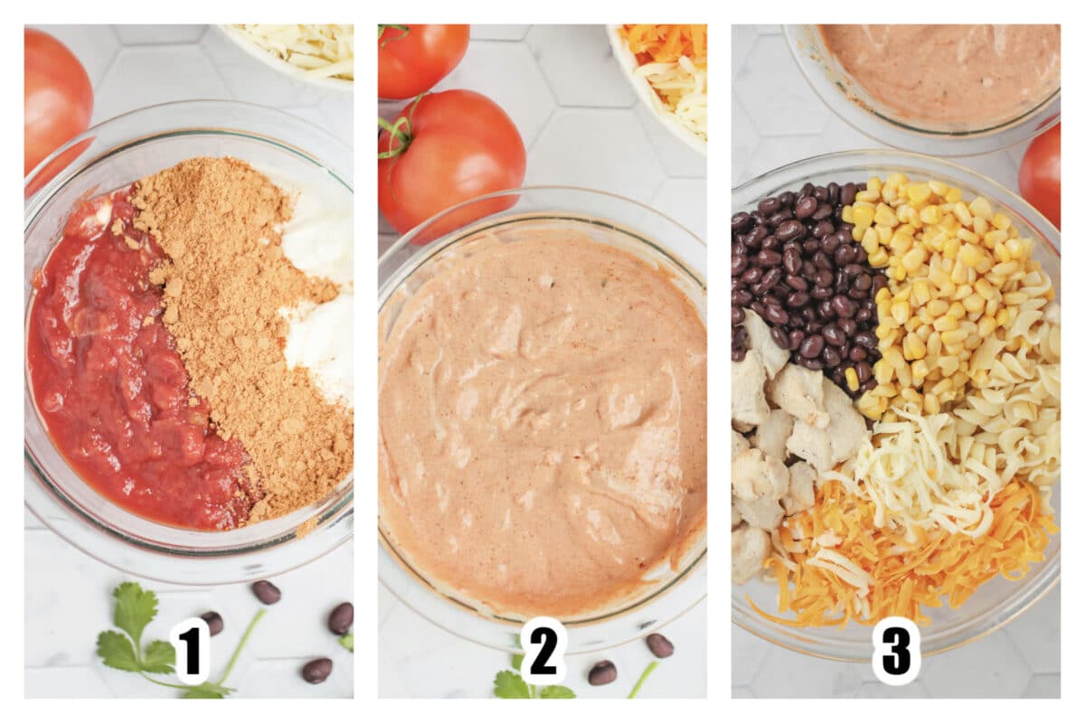 Dressing ingredients added to a glass bowl, then combined, Chicken, beans, corn and cheese in another large bowl.