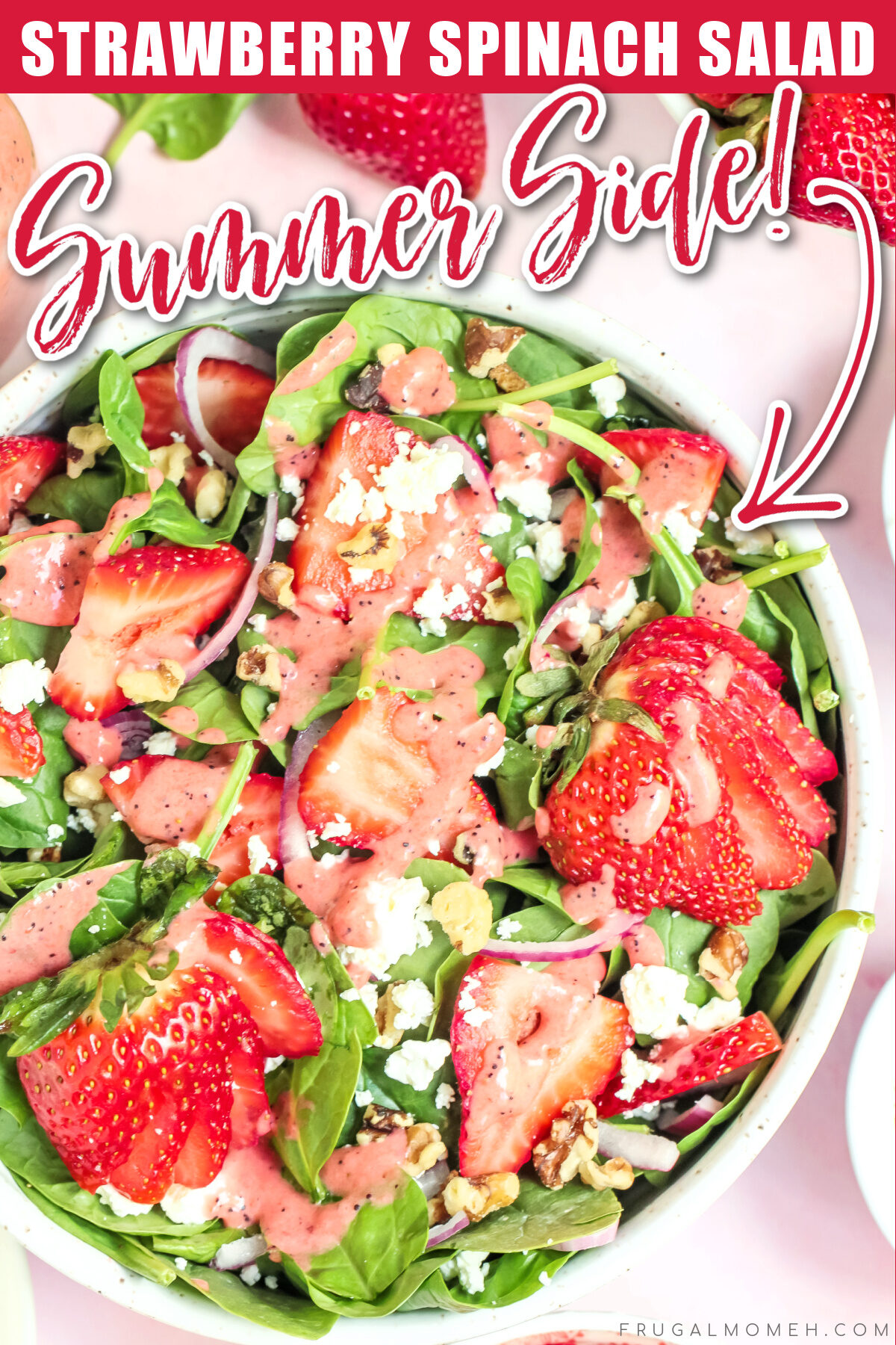 A summer salad recipe perfect for any occasion, this strawberry spinach salad is easy to make and features a strawberry poppy seed dressing.