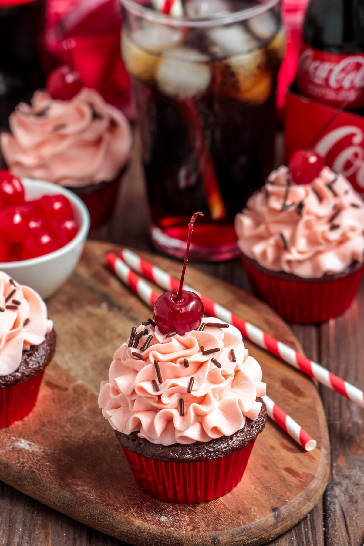 An easy recipe for tasty cherry coke cupcakes made with chocolate cake mix, cola, and maraschino cherries. A perfect treat for any occasion!