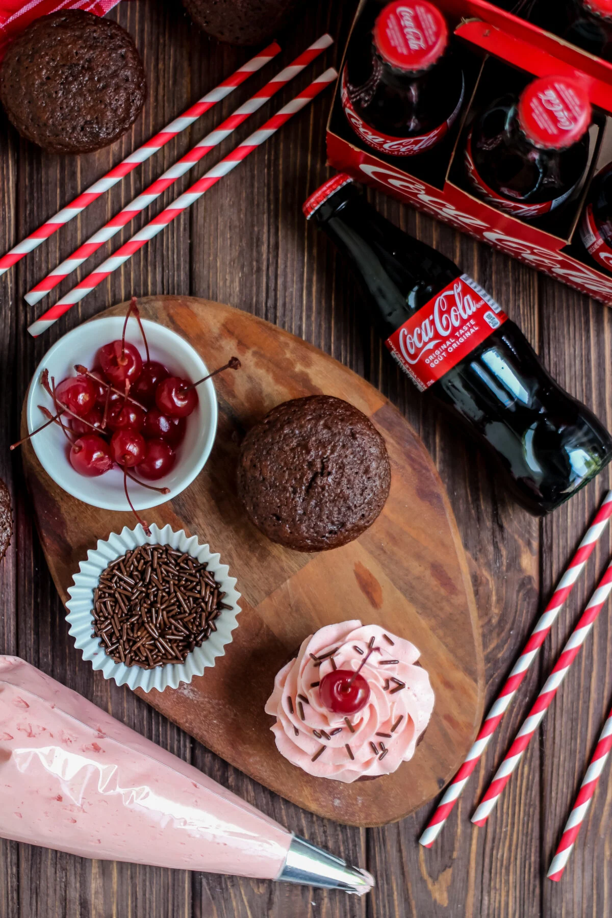 An easy recipe for tasty cherry coke cupcakes made with chocolate cake mix, cola, and maraschino cherries. A perfect treat for any occasion!