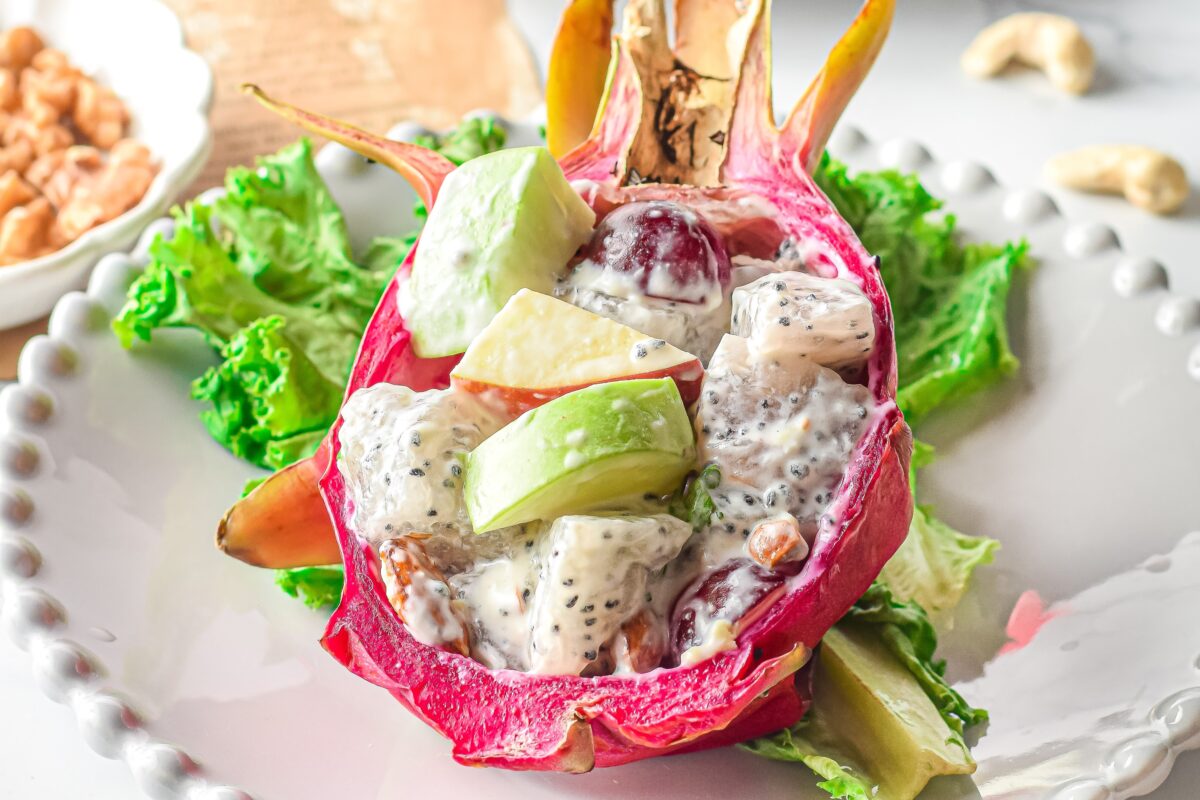 A delicious and healthy dragon fruit Waldorf salad recipe that is perfect for a light summer meal. It's a fabulous and unique summer salad.