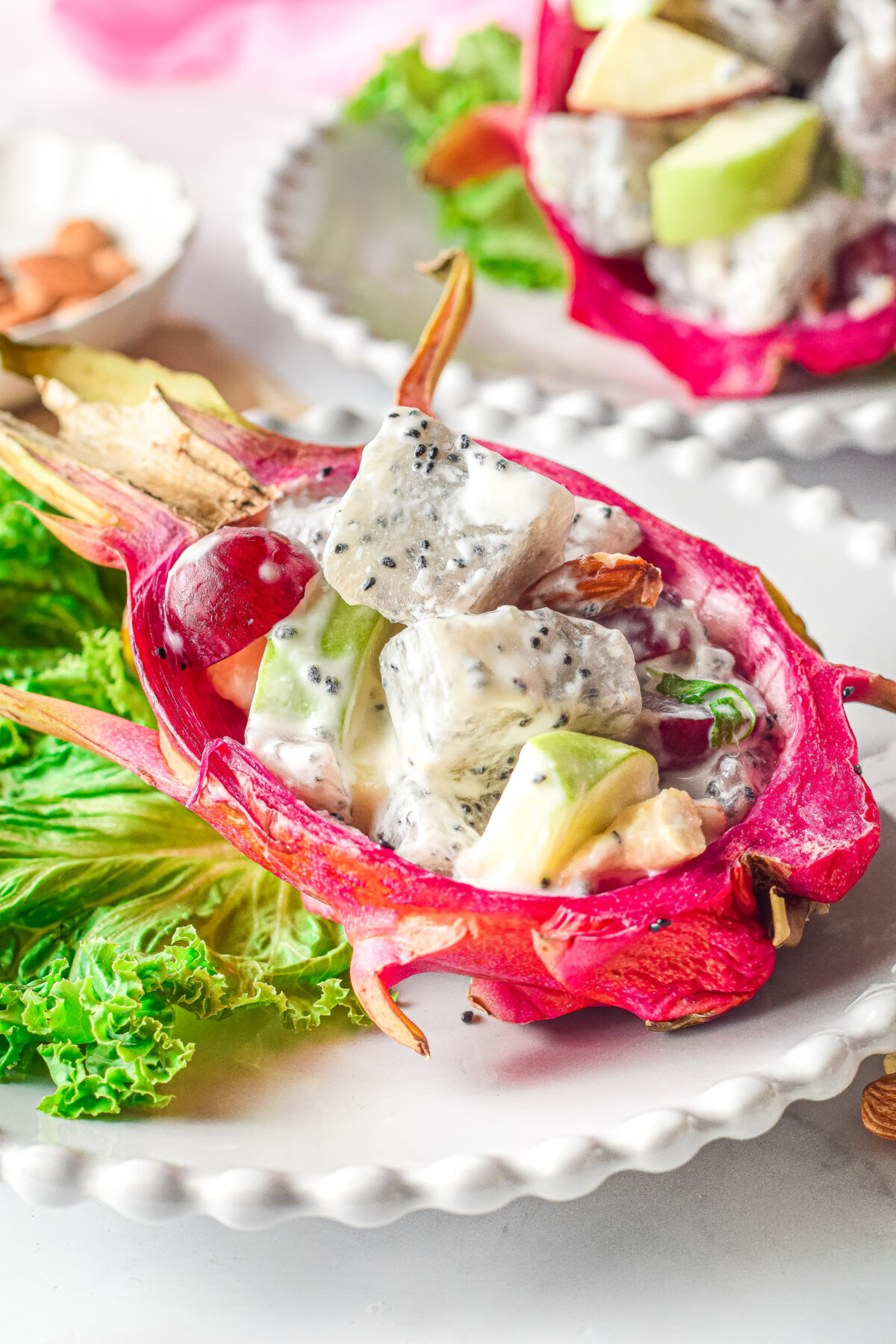 A delicious and healthy dragon fruit Waldorf salad recipe that is perfect for a light summer meal. It's a fabulous and unique summer salad.