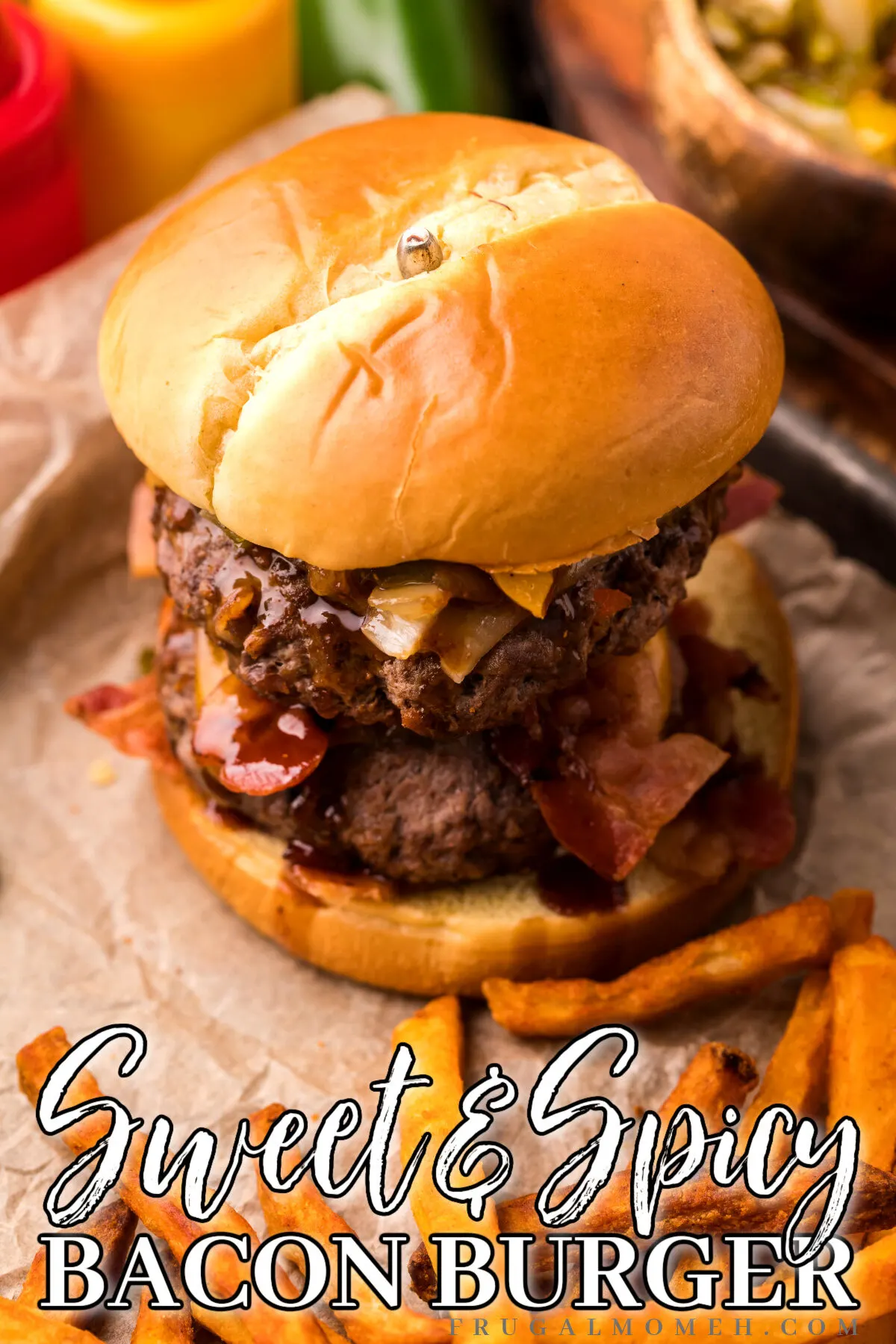 This sweet n spicy bacon burger recipe is easy to make and features caramelized onions and peppers with an amazing sweet n spicy bbq sauce.