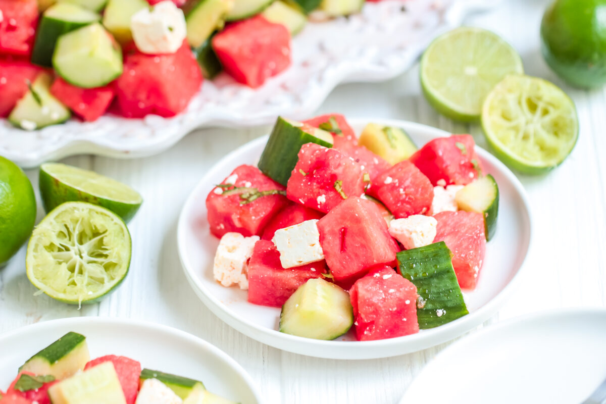 If you're looking for a refreshing summer salad, try this tasty Watermelon Cucumber Salad with feta cheese, mint and basil.
