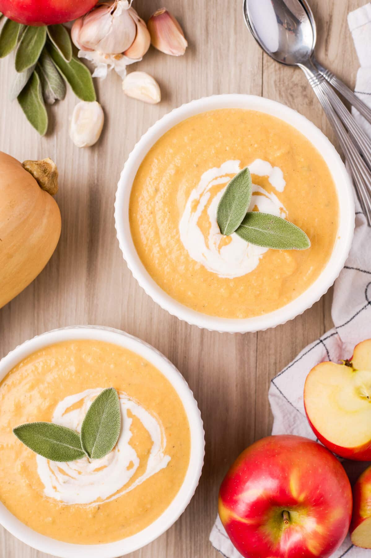 Creamy Apple Butternut Squash Soup is packed with fall flavour from sweet apples, squash, and sage. Perfect for cosy dinners or Thanksgiving.