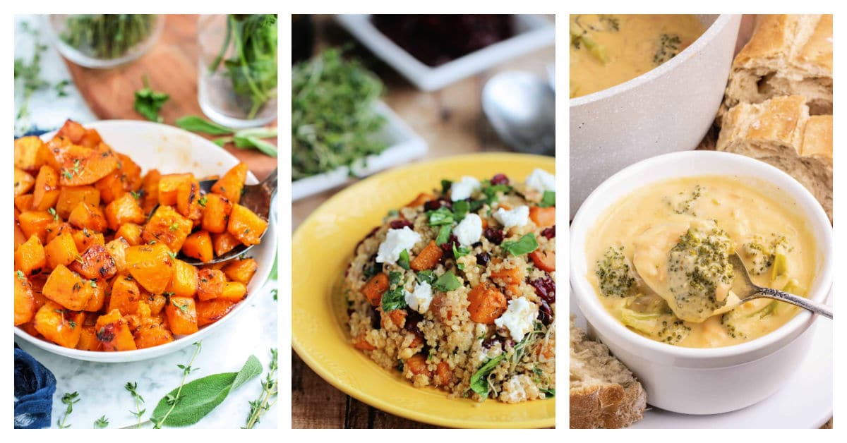 Featured butternut squash recipes including roasted butternut squash, roasted butternut squash quinoa salad, and Broccoli cheddar soup.