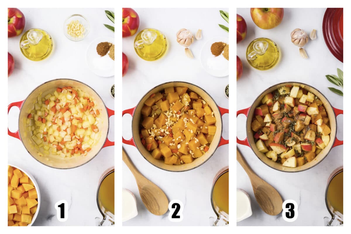 Image 1 - onion and carrot in a dutch oven. Image 2 - Squash and garlic added. Image 3 - Apples and herbs added to the pot.