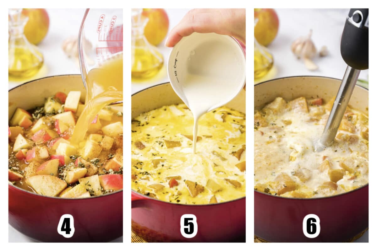Image 4 - Chicken broth added to the dutch oven. Image 5 - Cream poured into the dutch oven. Image 6 - Soup blended with immersion blender.