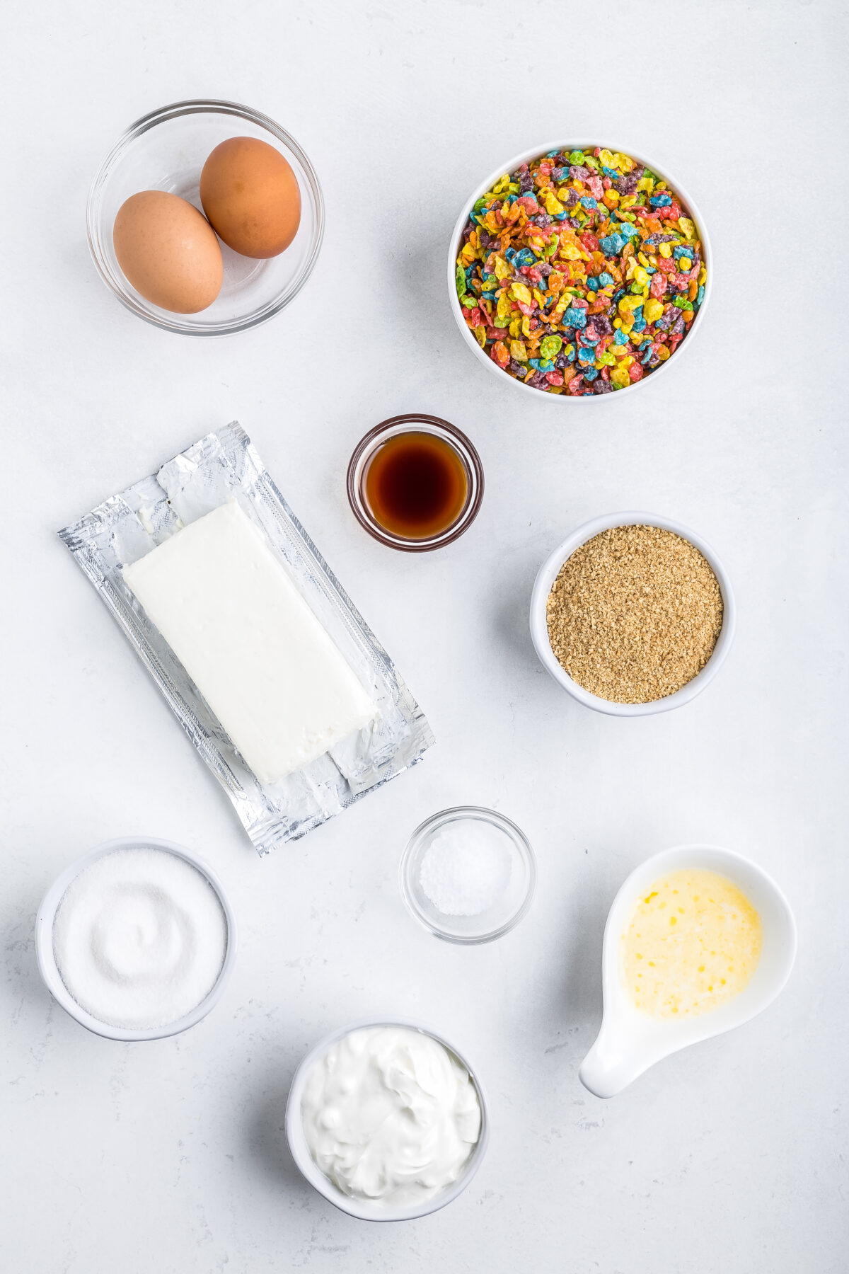 Ingredients for fruity pebbles cheesecakes.