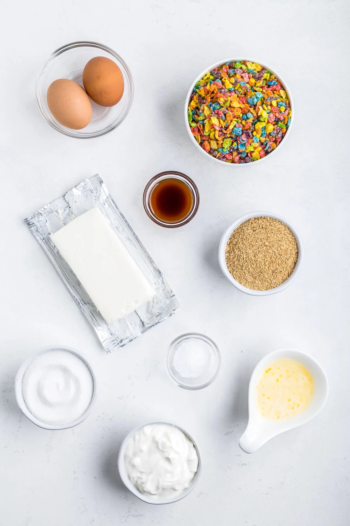 Ingredients for fruity pebbles cheesecakes.