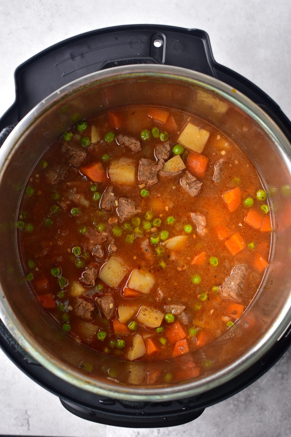 The stew ready to eat in the instant pot.