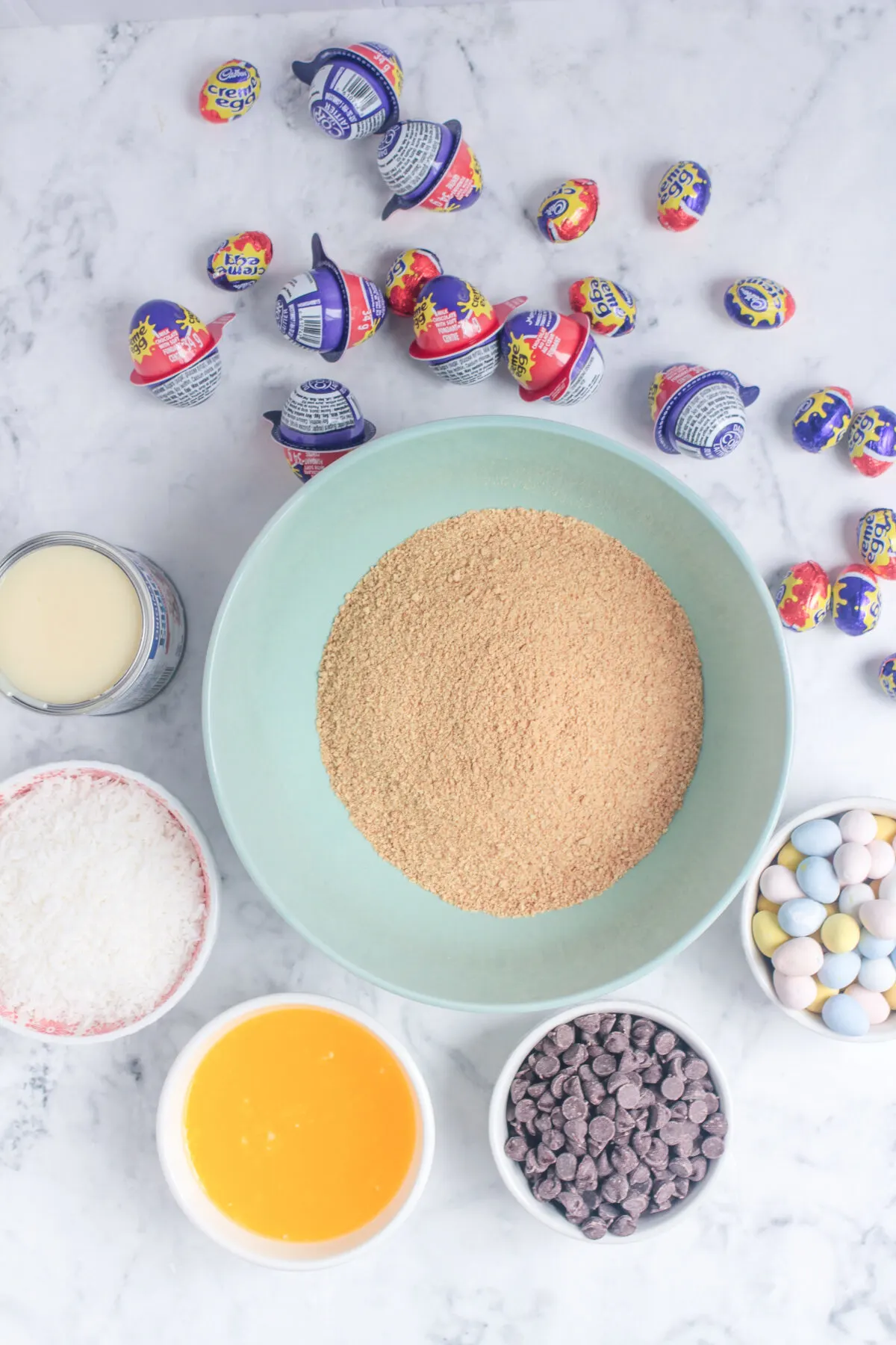 Ingredients for making Easter magic cookie bars.