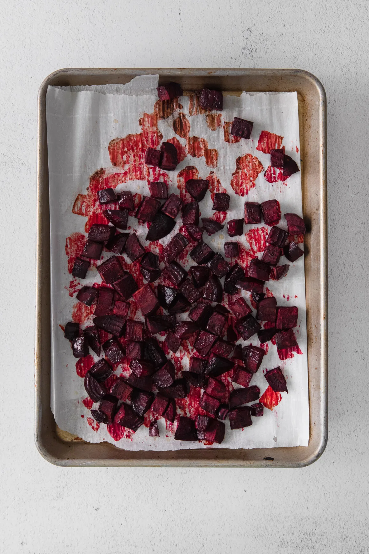 Roasted beets on the sheet pan.