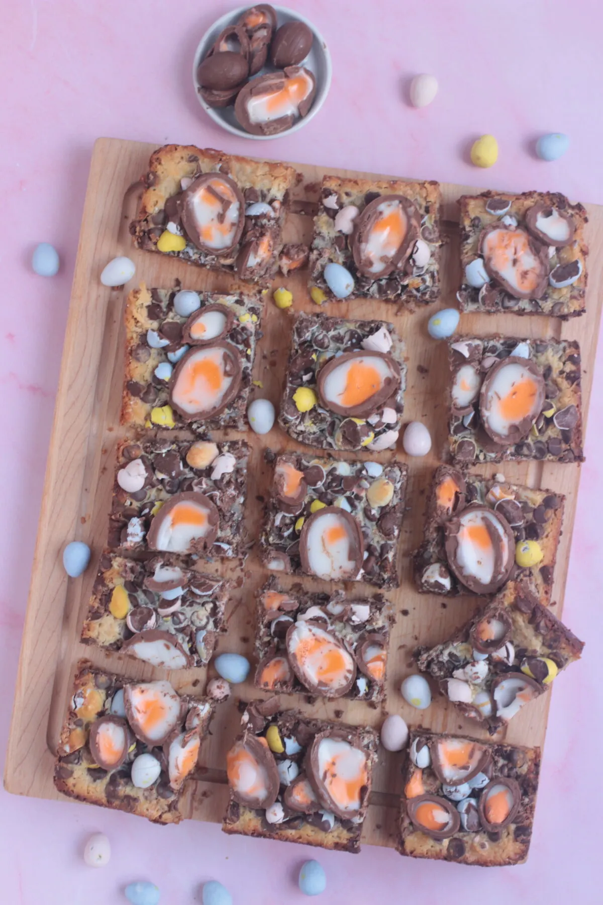 Easter magic cookie bar cut into slices.