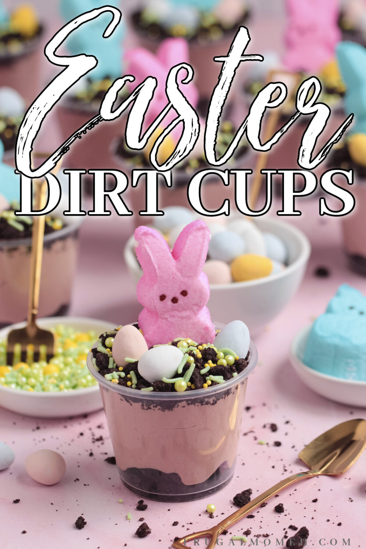 This fun and easy Easter Dirt Cups recipe features a velvety chocolate cheesecake filling, Oreo crumbs, and adorable peeps bunnies!