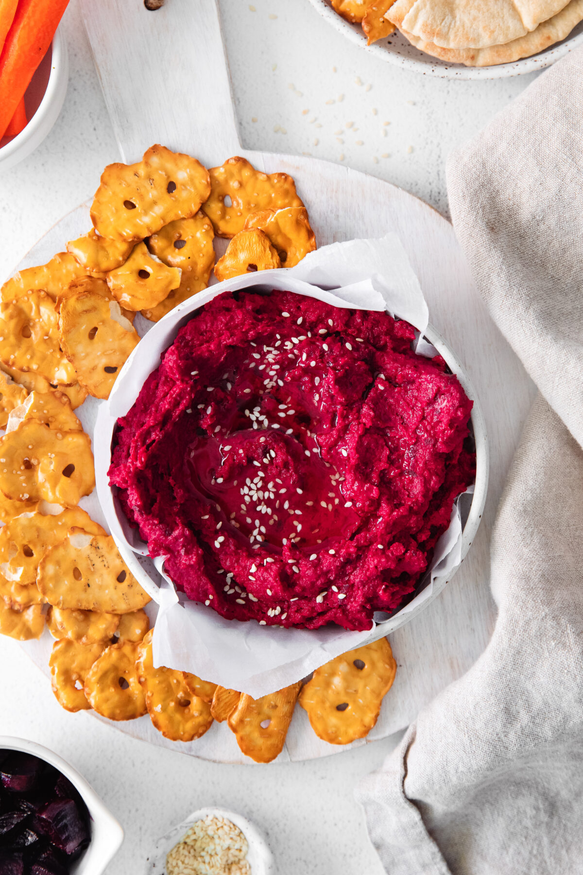 Add a twist to your hummus with this roasted beet hummus recipe! A vegetable-based dip that's dairy-free, gluten-free and vegan.