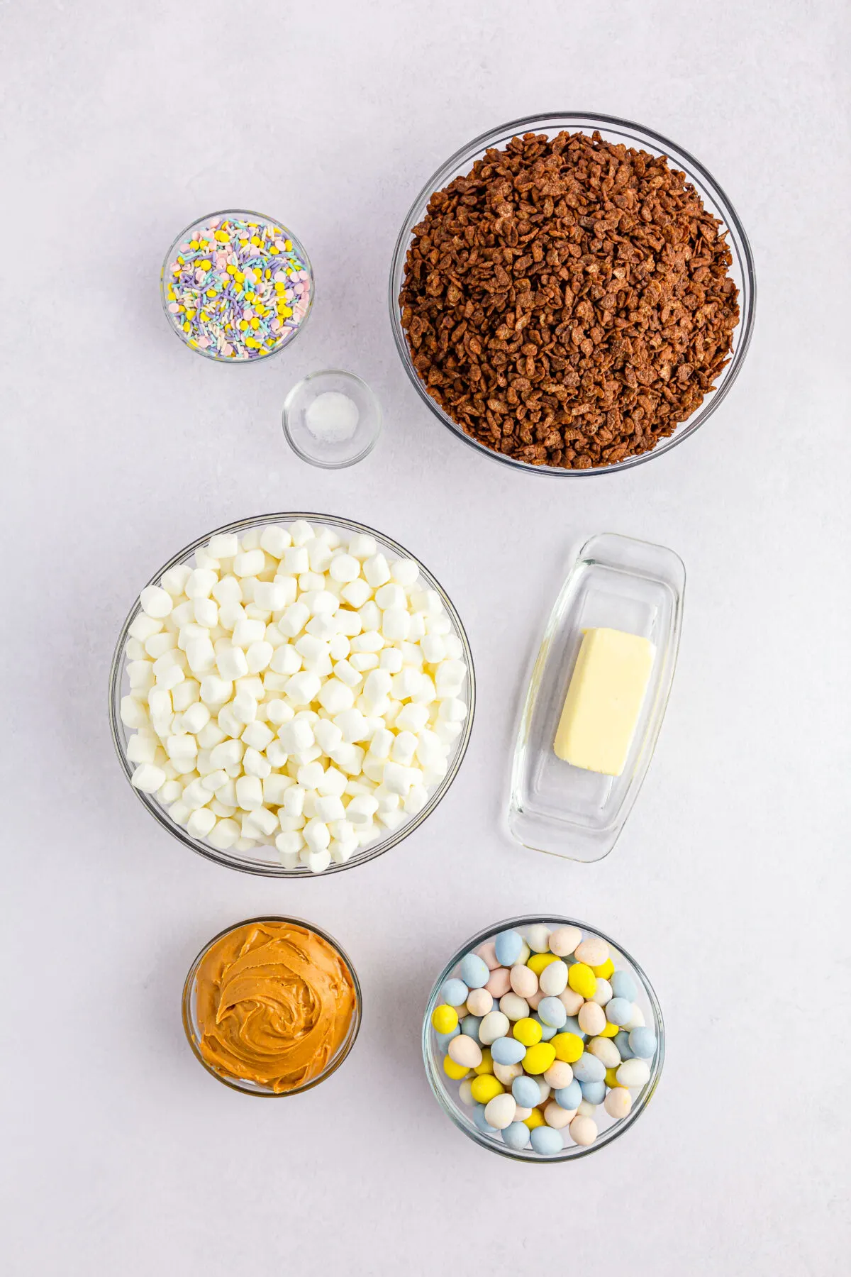 Ingredients for cocoa pebbles Easter nests.