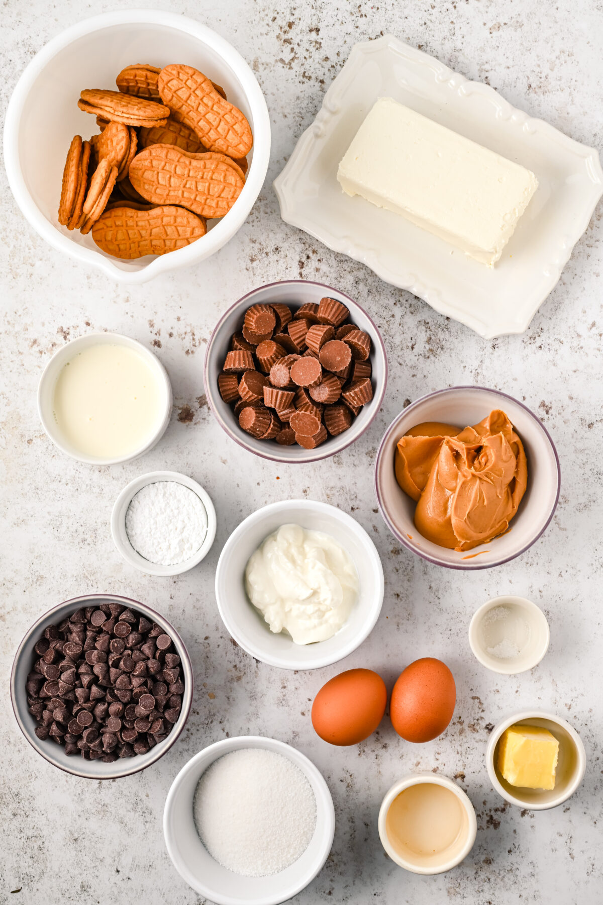 Ingredients for peanut butter cheesecake bars.