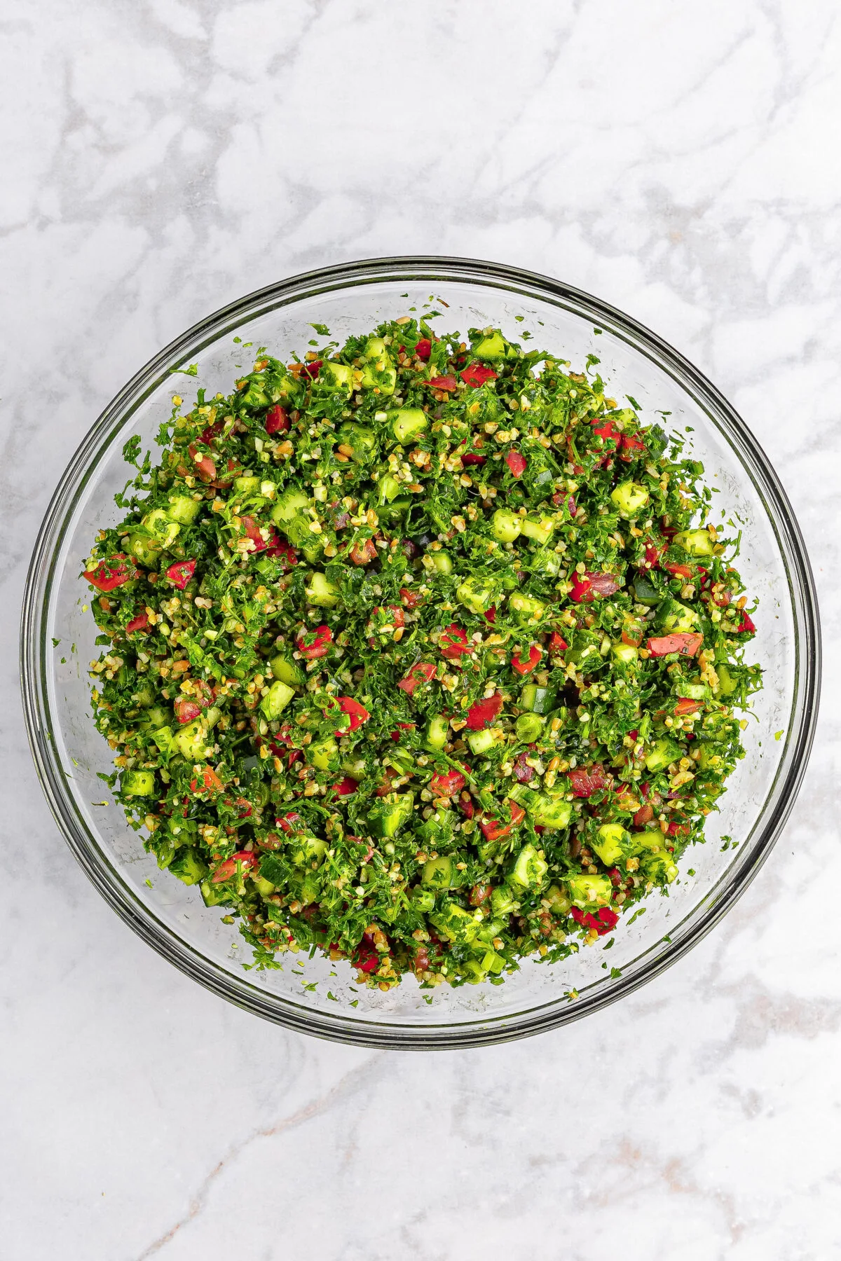 Tabbouleh salad ready to be chilled before serving.