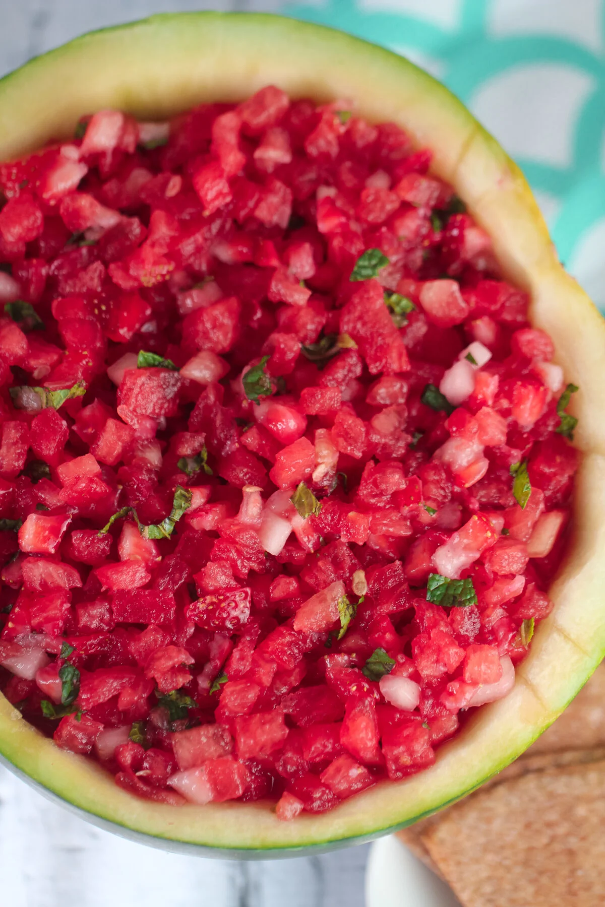 Watermelon Salsa with Cinnamon Tortilla Chips is a refreshing summer dessert or appetizer, perfect for serving at backyard parties.