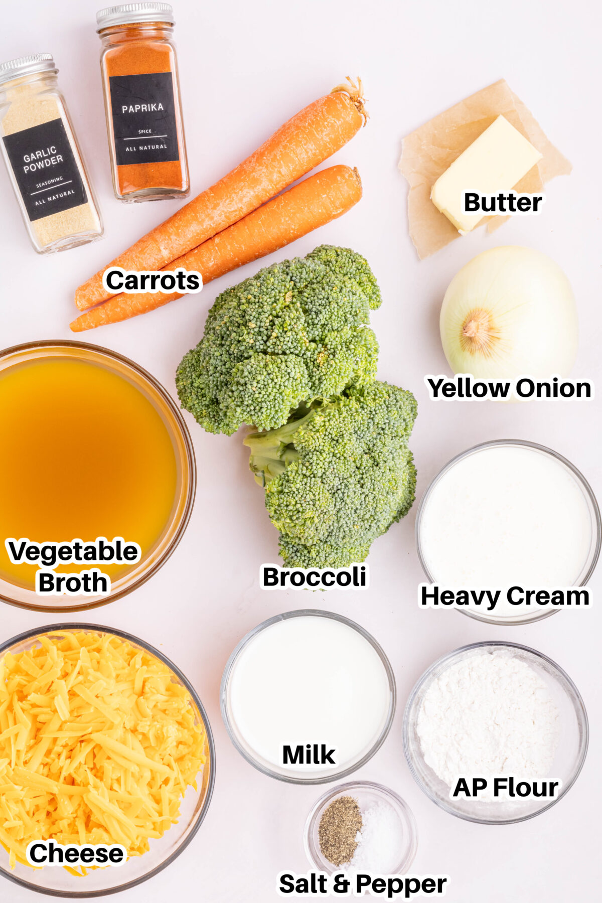 Ingredients for Broccoli Cheddar Soup.