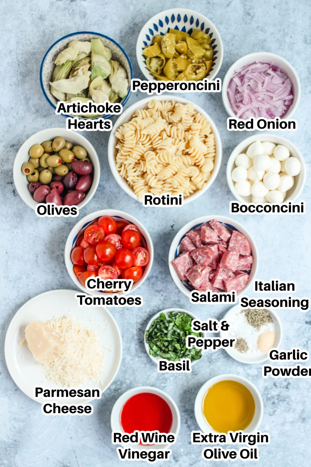 Ingredients for antipasto pasta salad.