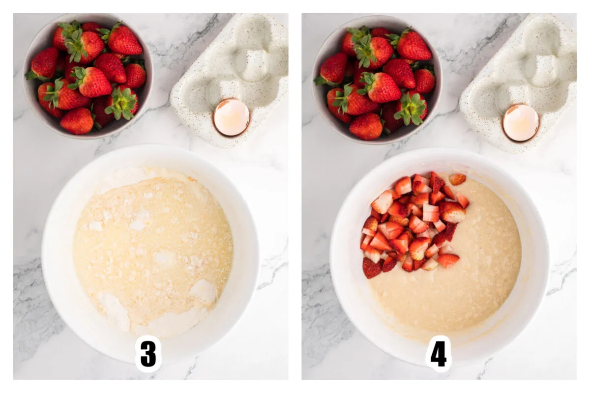 Image 3 showing wet and dry ingredients in the large mixing bowl together. Image 4 showing combined batter with strawberries on top.