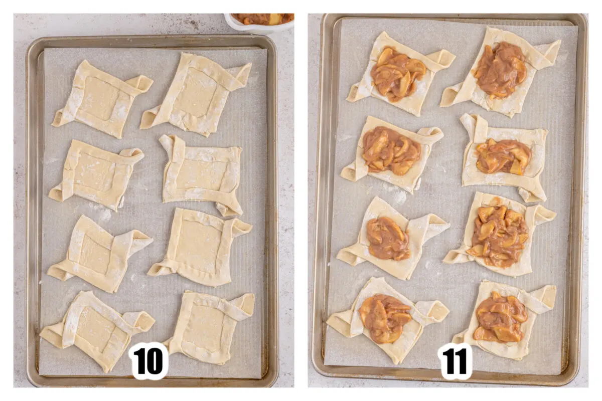 Puff pastries folded and prepared on a sheet pan with a dollop of apple filling.