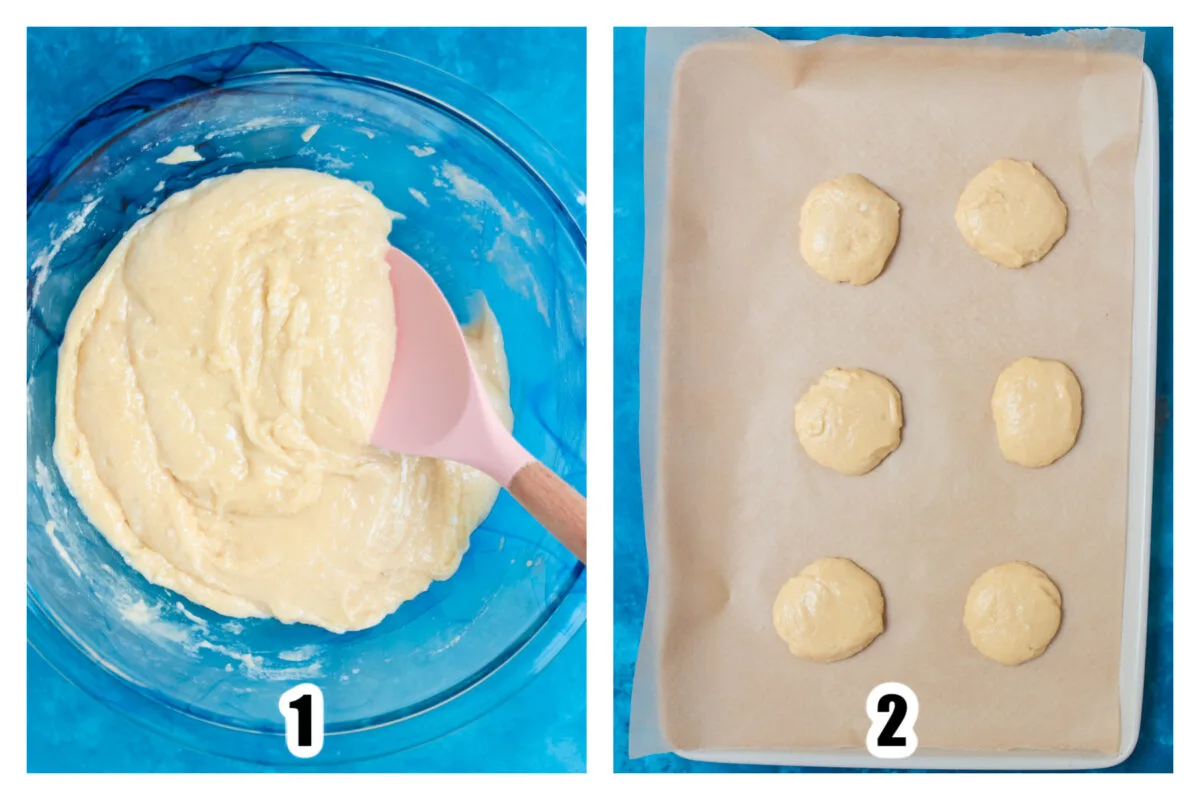 Batter mixed together in a large glass bowl, and spoonfuls dropped onto a baking sheet.