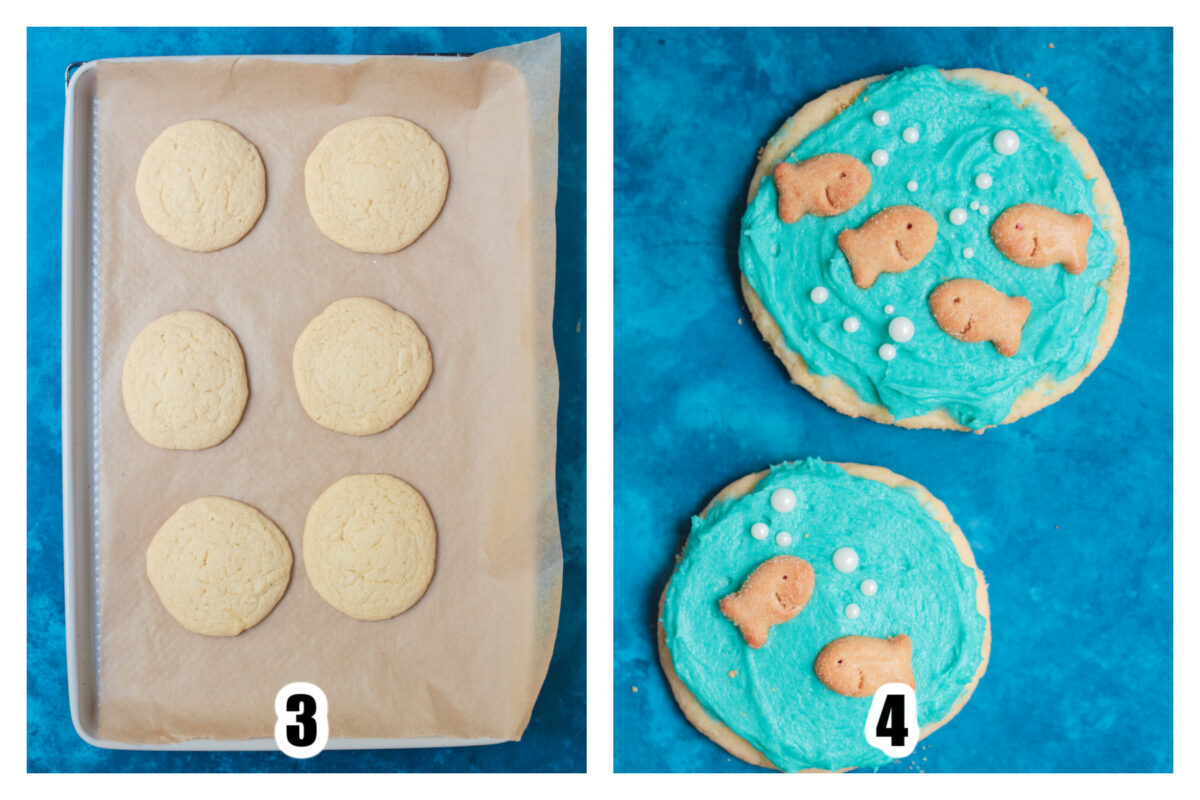 Baked cookies on the baking sheet, and decorated cookies.