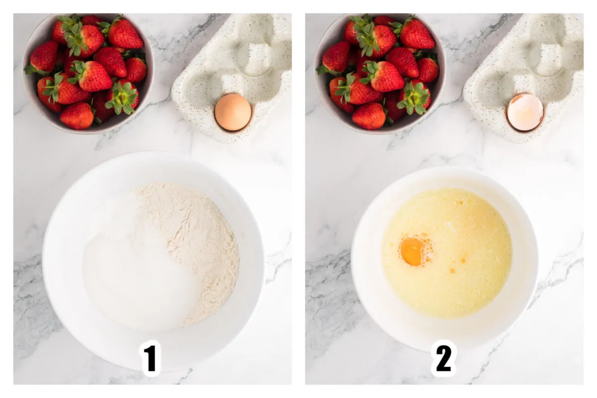 Image 1 showing dry ingredients in a large bowl. Image 3 showing wet ingredients in a small bowl.