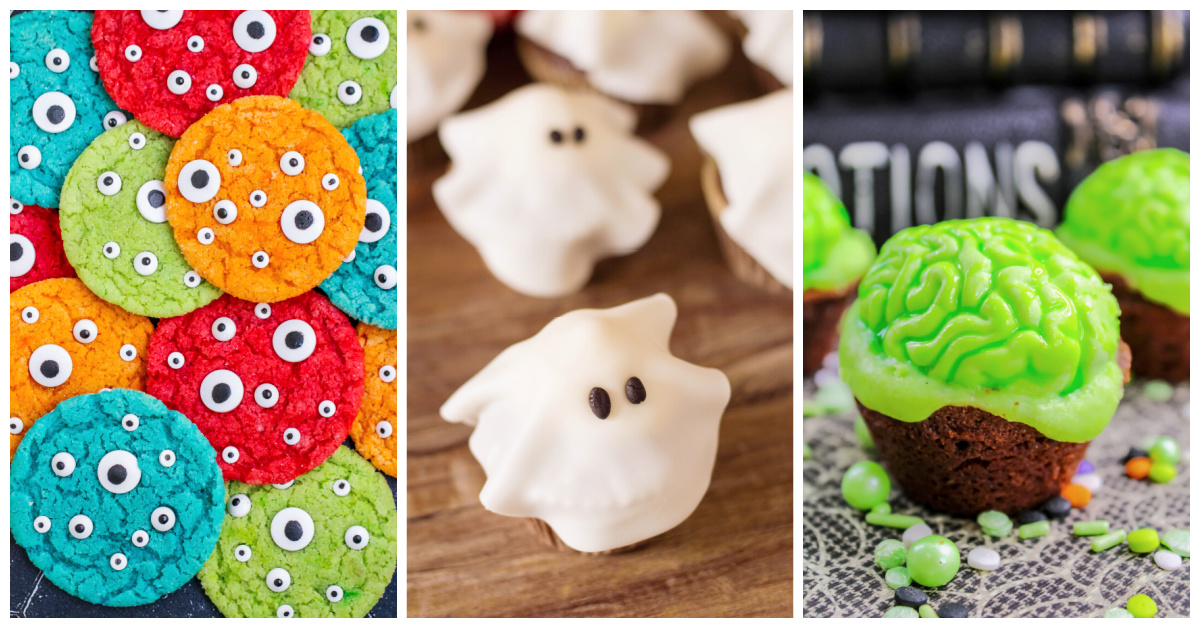 Featured Halloween recipes including monster eye cookies, ghost cupcakes, and zombie brain brownie bites.