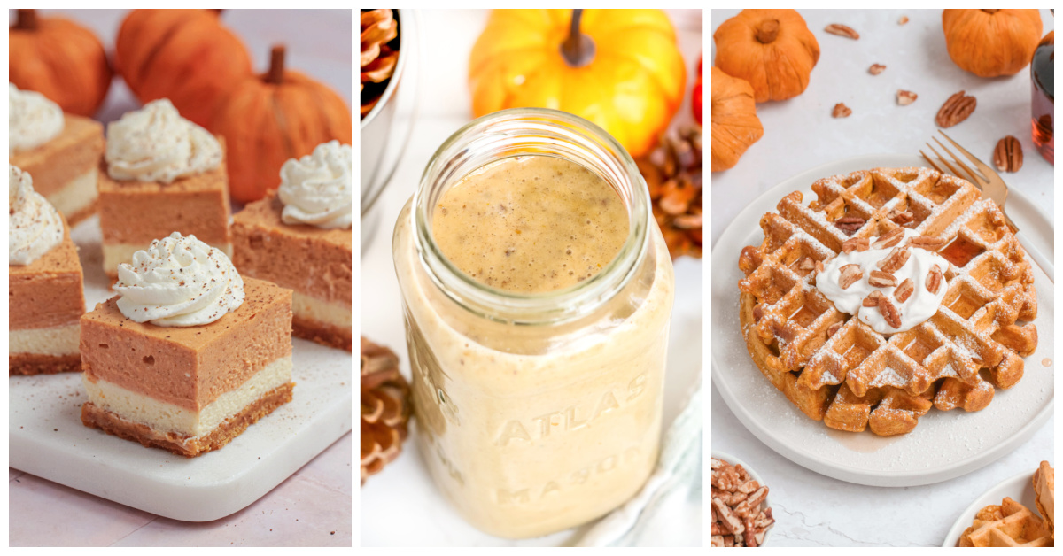 Featured recipes made with pumpkin puree including pumpkin cheesecake bars, pumpkin spice creamer, and pumpkin waffles.