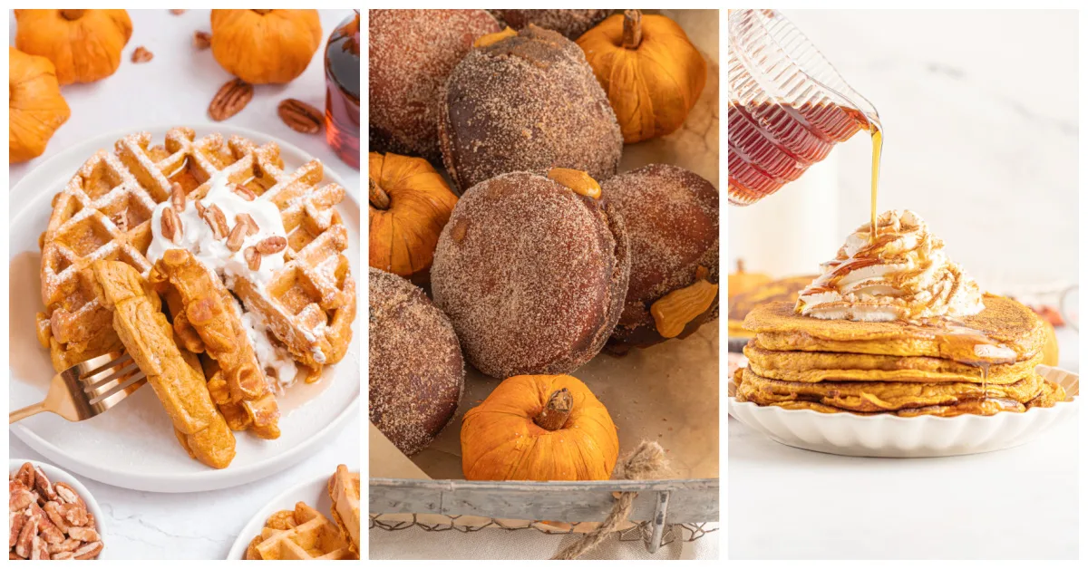 Featured recipes made with pumpkin puree: pumpkin waffles, pumpkin filled donuts, and pumpkin pancakes.