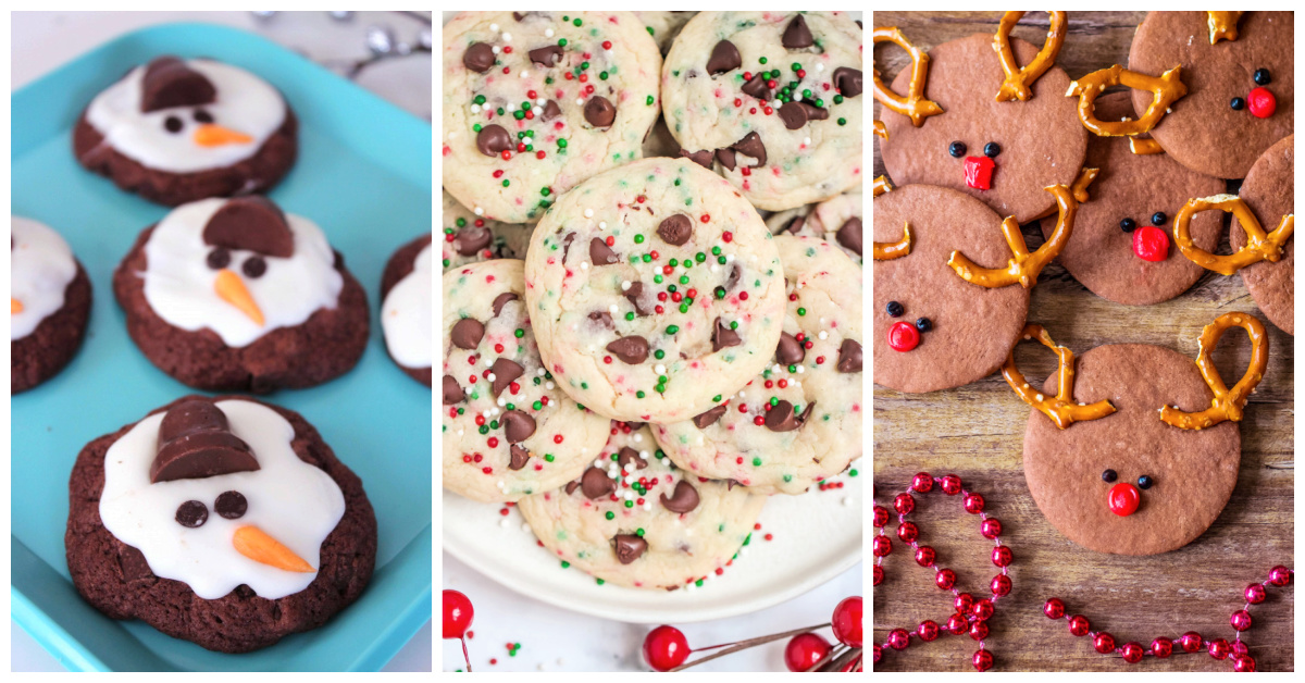Featured fun Christmas recipes including melting snowman cookies, Christmas chocolate chip cookies, and Rudolph chocolate sugar cookies.