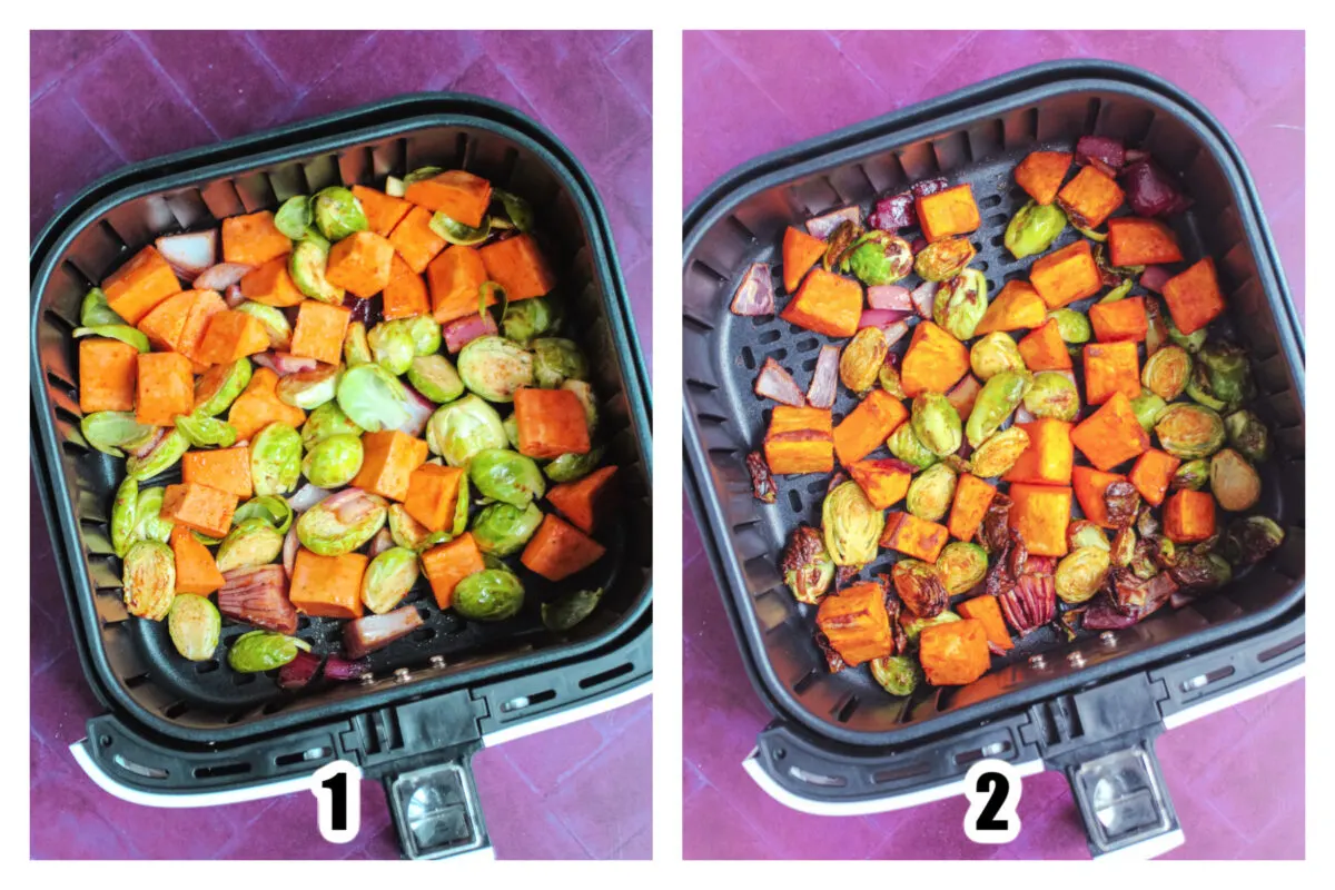 Seasoned vegetables added to to the basket of an air fryer, then roasted.