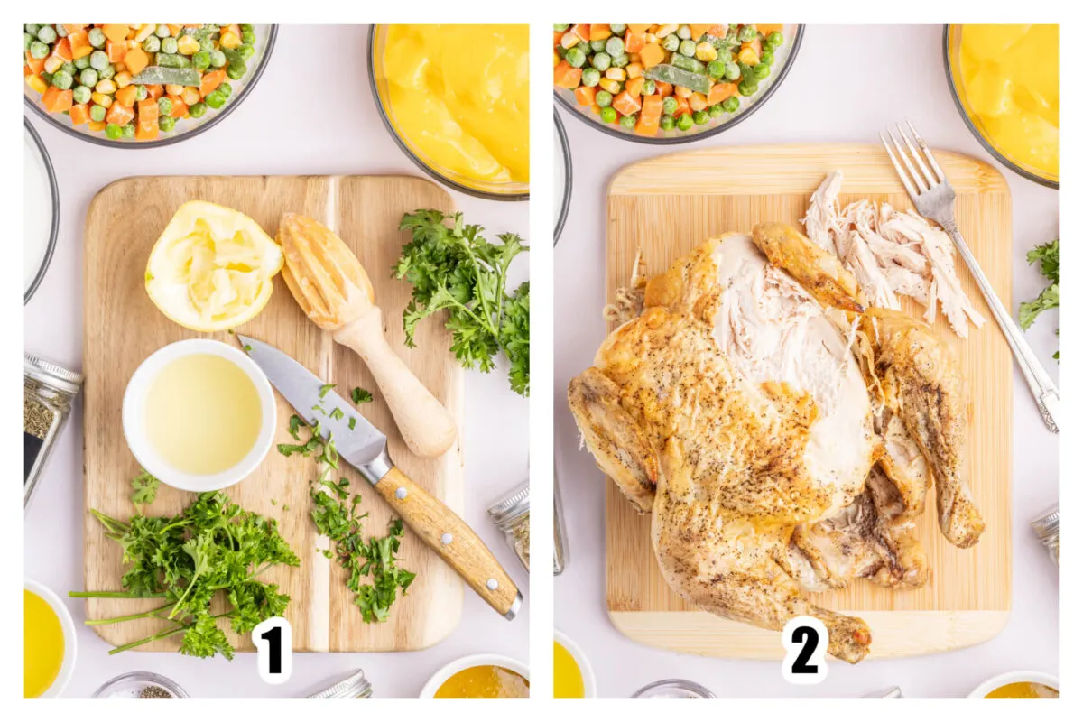 Image 1 showing juiced lemon and chopped parsley on a wood cutting board. Image 2 showing rotisserie chicken and some shredded chicken.