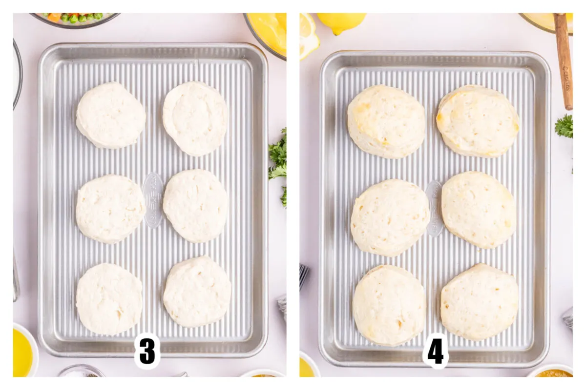 Image 3 showing unbaked biscuits on a sheet pan. Image 4 showing biscuits after 10 minutes of baking.