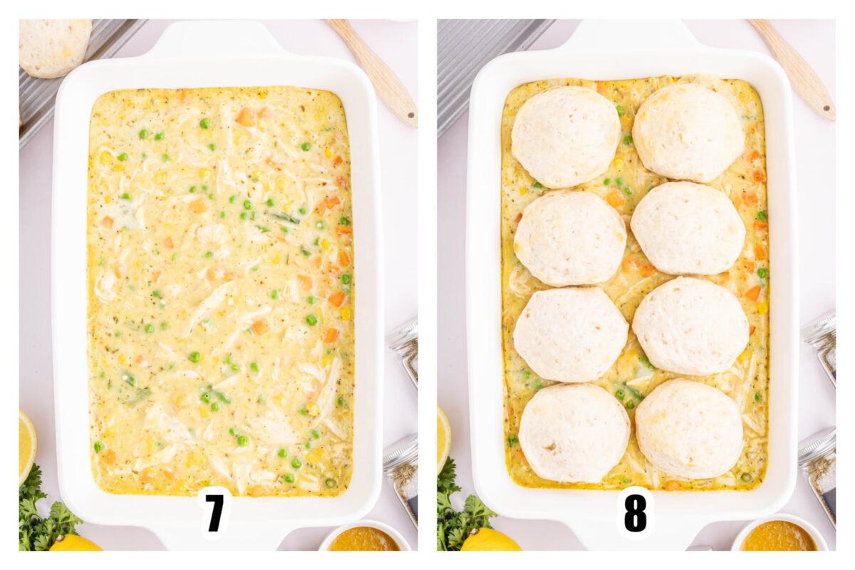 Image 7 showing the filling partially baked. Image 8 showing the biscuits added to the top of the casserole.