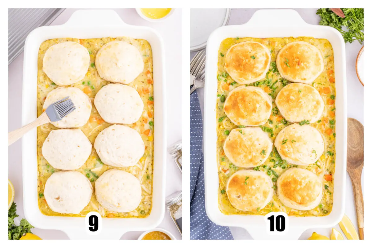 Image 9 showing the biscuits being brushed over with butter. Image 10 showing the finished meal in the casserole dish.