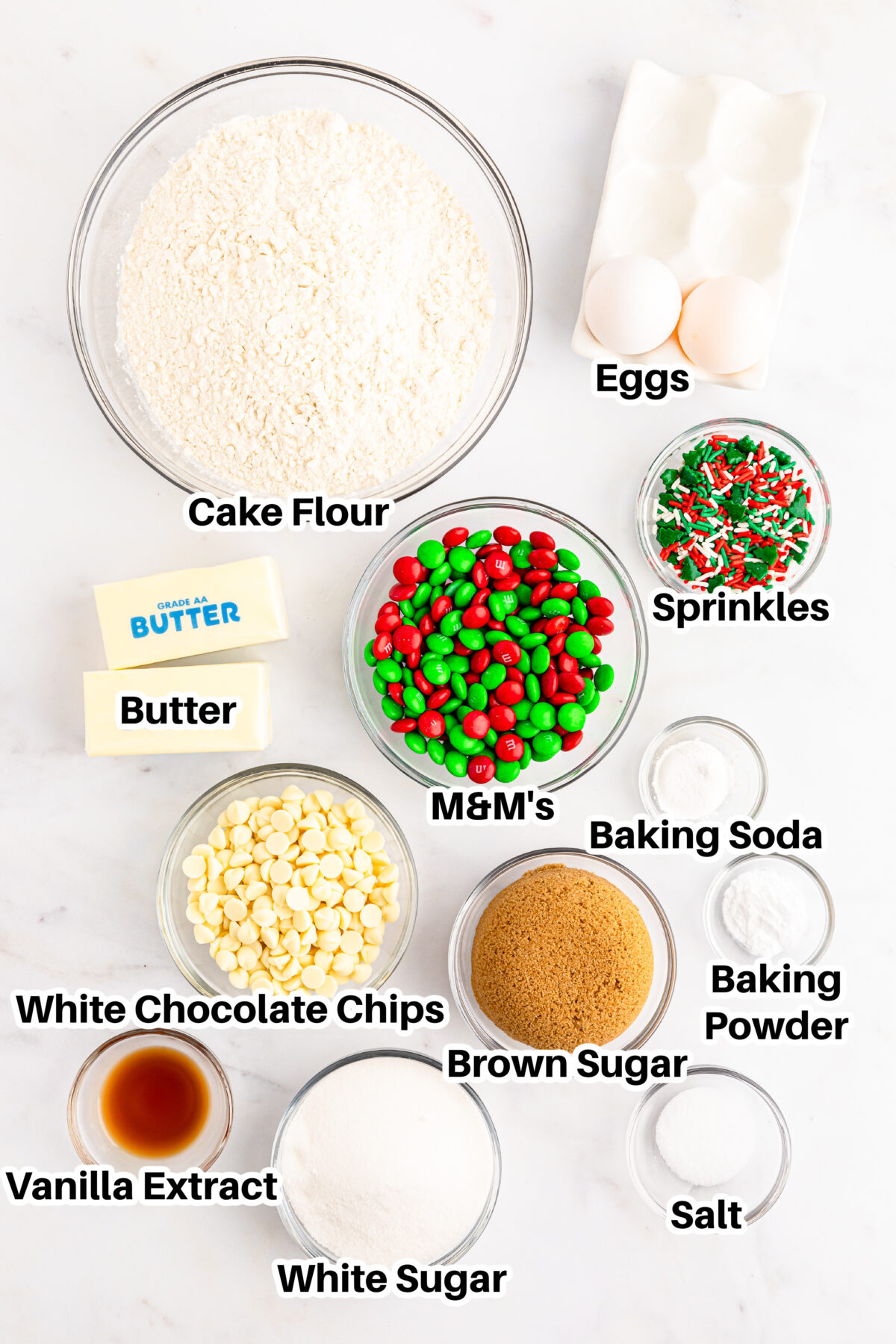 Ingredients for M&M Christmas Cookie Bar.