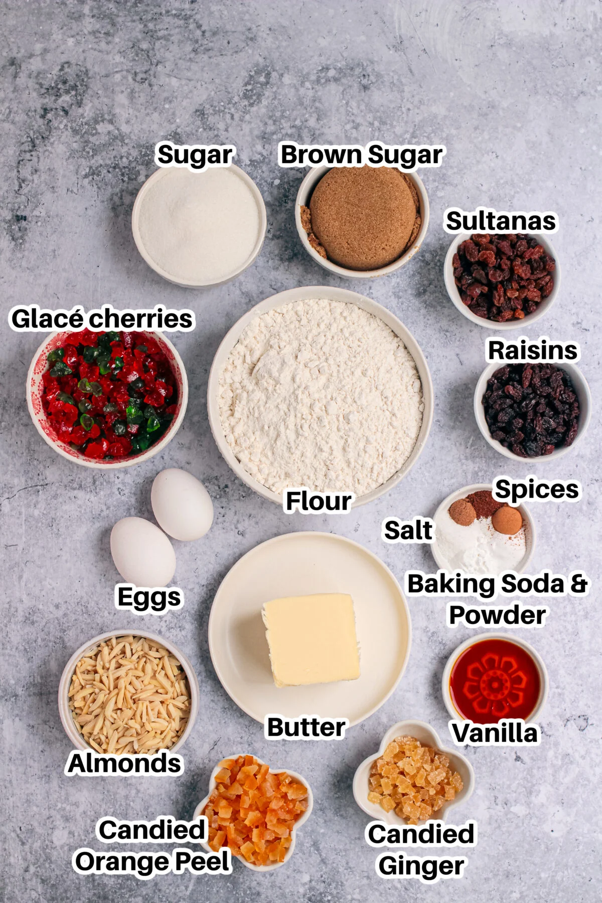 Ingredients for fruitcake cookies.