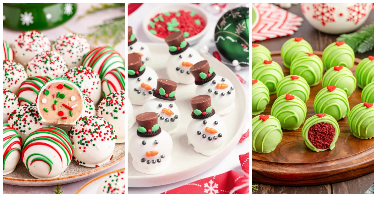 Featured Christmas balls including Christmas sugar cookie balls, snowman oreo balls, and grinch oreo balls.