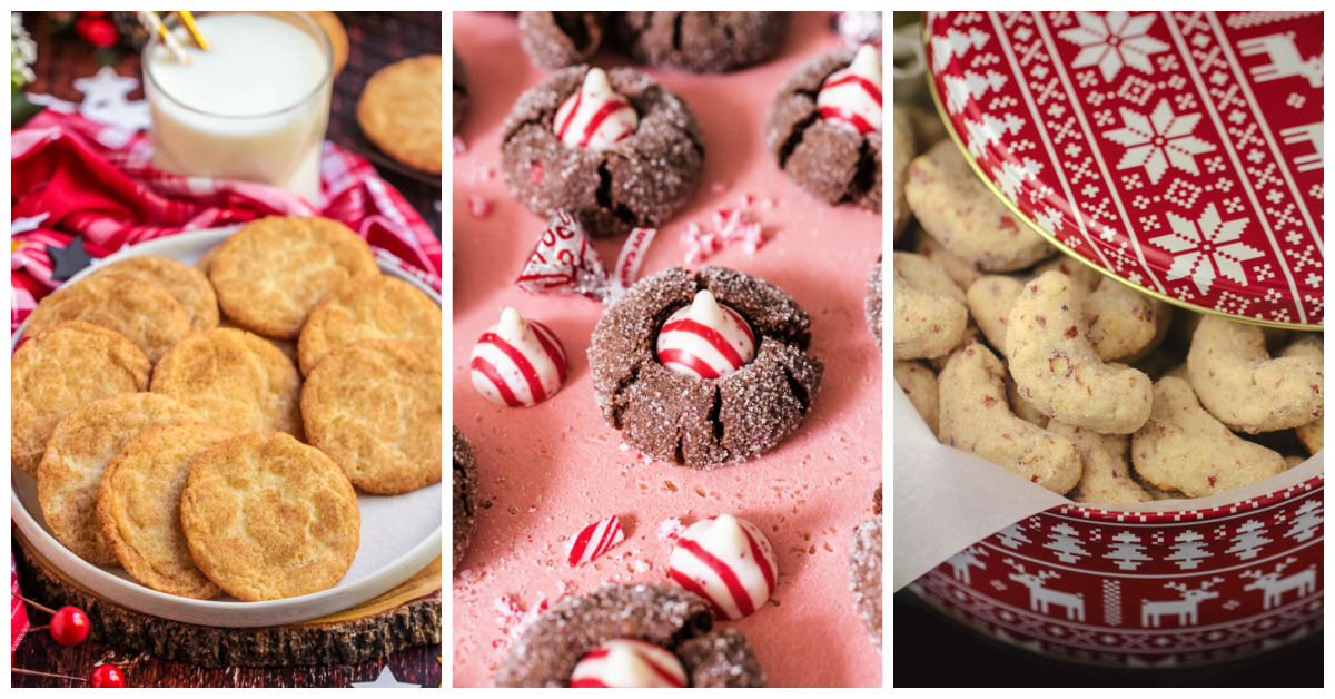 Featured Christmas cookie recipes including snickerdoodles, chocolate peppermint kiss cookies, and pecan crescents. 