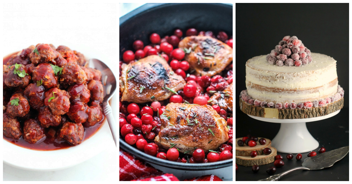 Featured cranberry recipes including cranberry cocktail meatballs, cranberry roasted chicken, and cranberry white chocolate cake.