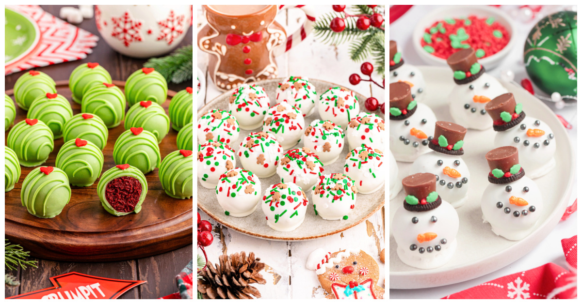 Featured dessert recipe including grinch oreo balls, gingerbread cake balls, and snowman oreo balls.